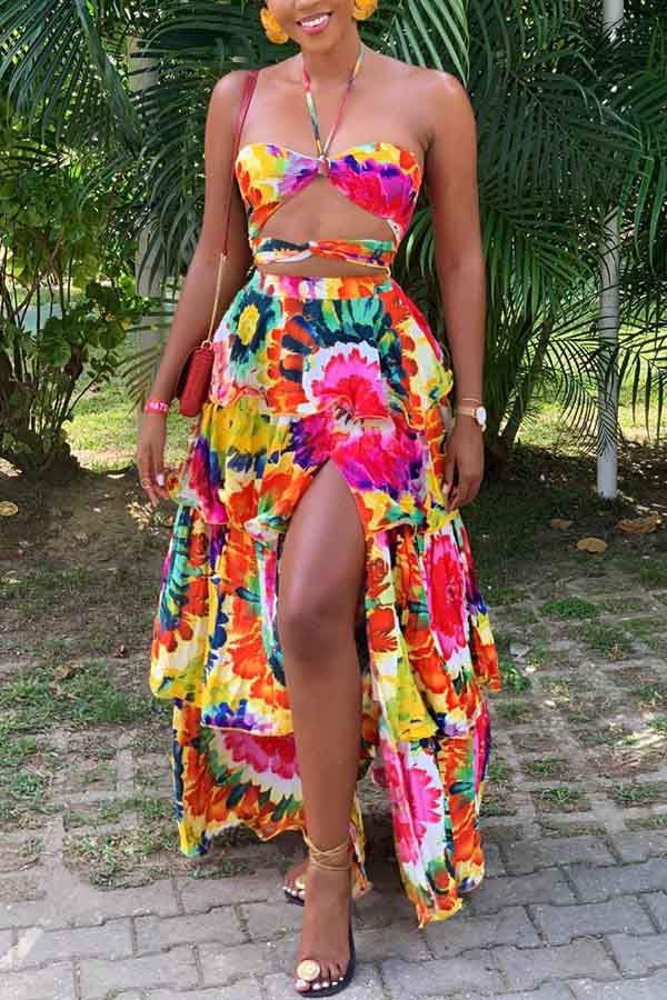

Lovely Bohemian Print Multicolor Two-piece Skirt Set, Multi