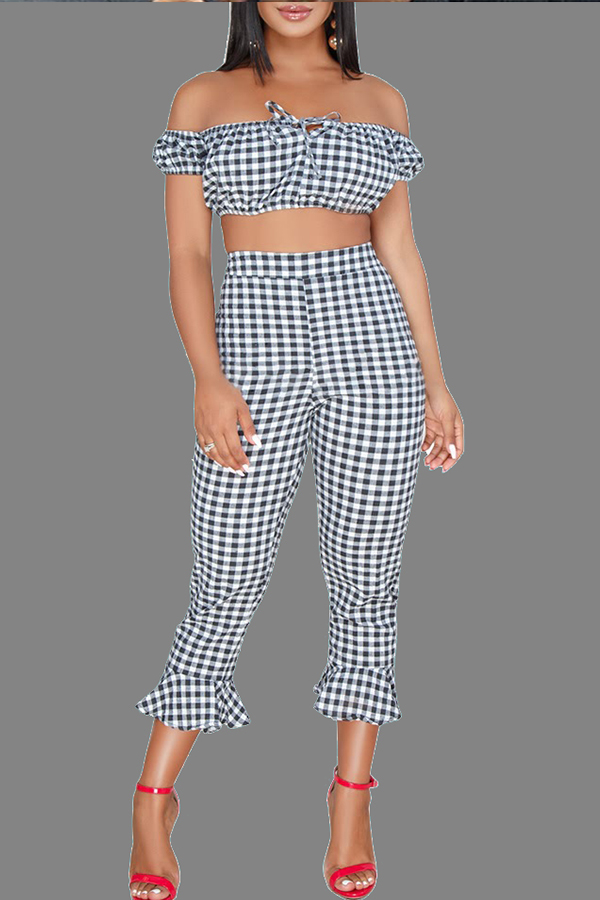 

Lovely Sweet Grid Print Black And White Two-piece Pants Set, Black & white tartan