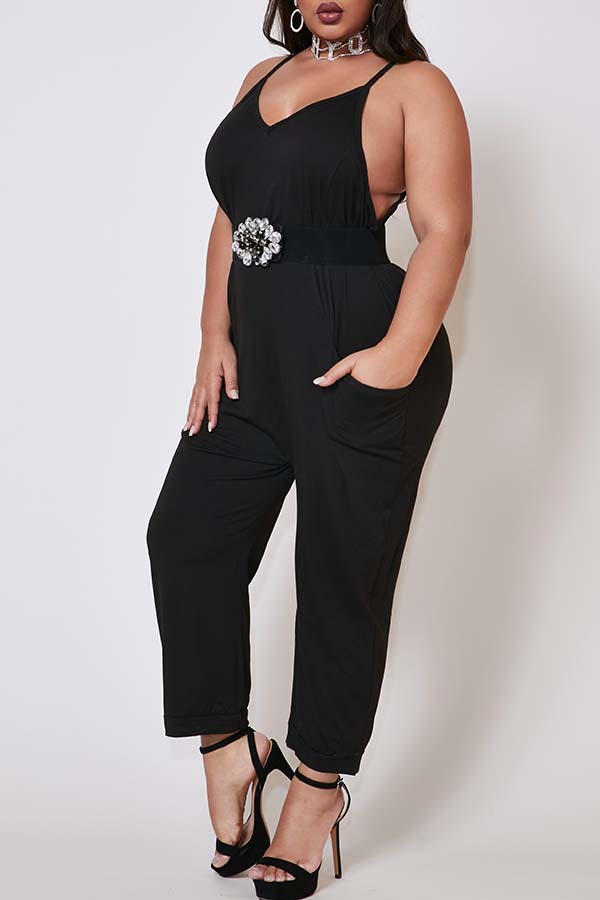 Lovely Sexy Basic Black Brown Plus Size One Piece Jumpsuit