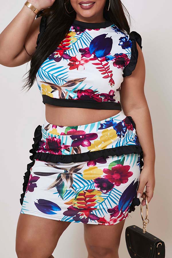 

Lovely Sweet Print Multicolor Plus Size Two-piece Skirt Set, Multi