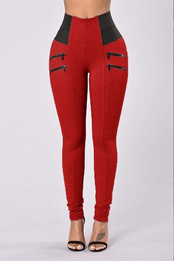

Lovely Leisure Zipper Design Red Pants