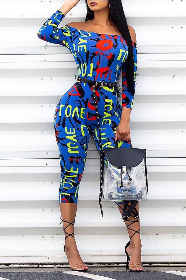 

Lovely Trendy Letter Print Blue One-piece Jumpsuit