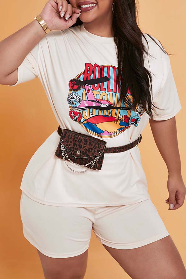 Lovely Casual Print Khaki Plus Size Two-piece Shorts Set