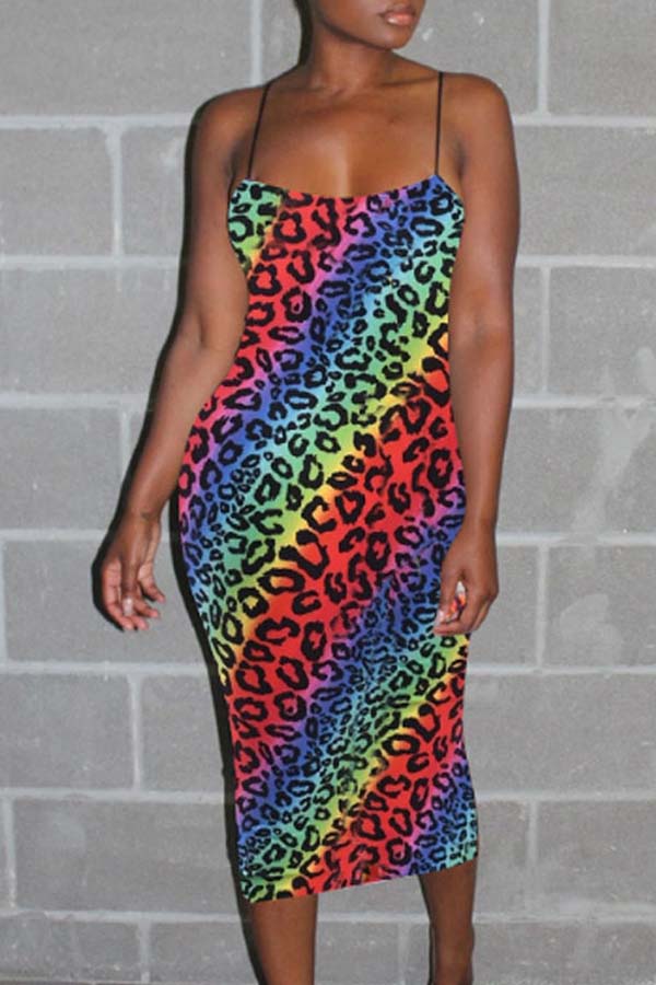 

Lovely Sexy Leopard Print Mid Calf Dress