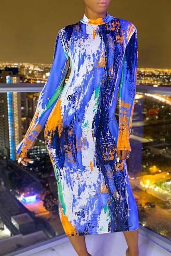 

Lovely Casual Print Blue Mid Calf Dress