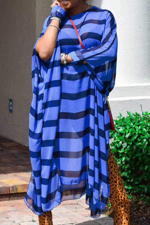 

Lovely Casual Striped Blue Ankle Length Dress, Blue stripe