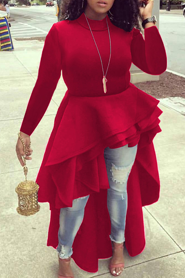 

Lovely Trendy Flounce Design Red Plus Size Blouse