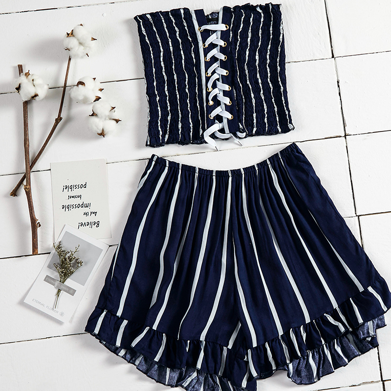 

Lovely Bohemian Striped Navy Blue Two-piece Shorts Set
