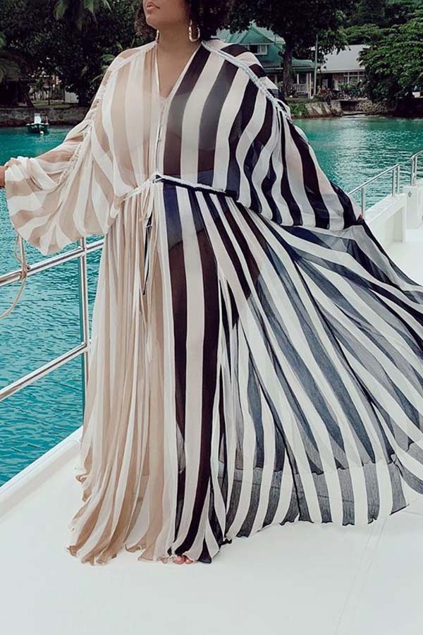 

Lovely Striped Black Plus Size Cover-Up, Black stripe