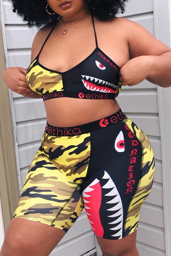 

Lovely Lovelywholesale Sexy Printed Yellow Two-piece Shorts Set