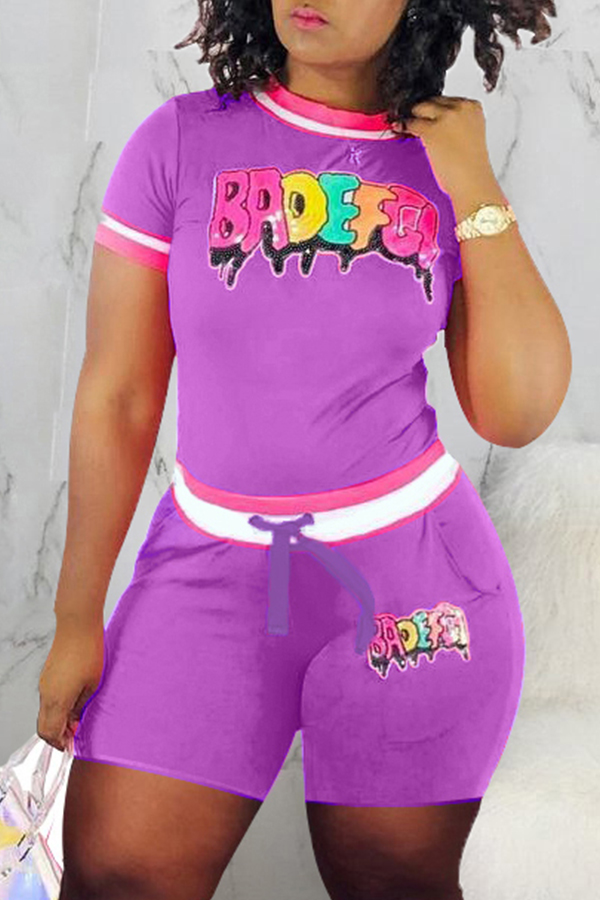 

Lovely Stylish Print Purple Two-piece Shorts Set