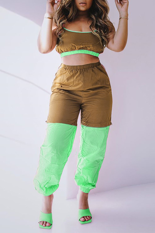 

Lovely Casual Patchwork Yellow Two-piece Pants Set, Green