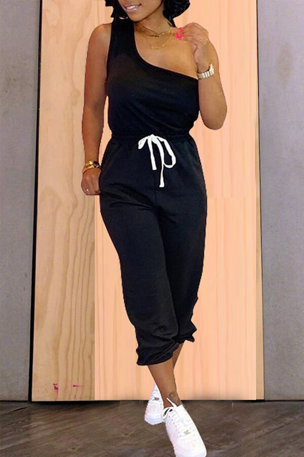 

LW Casual One Shoulder Lace-up Black Two-piece Pants Set