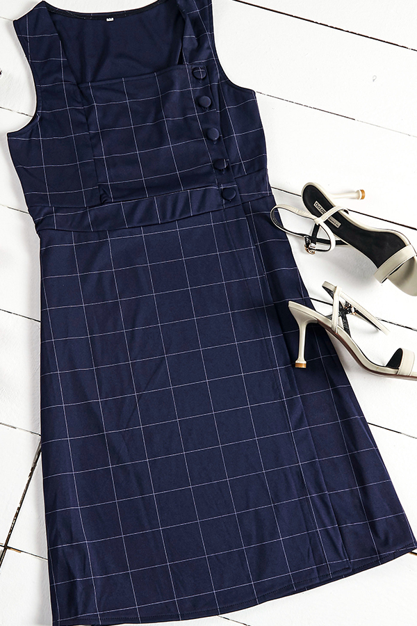 

Lovely Trendy Grid Print Blue Knee Length Dress