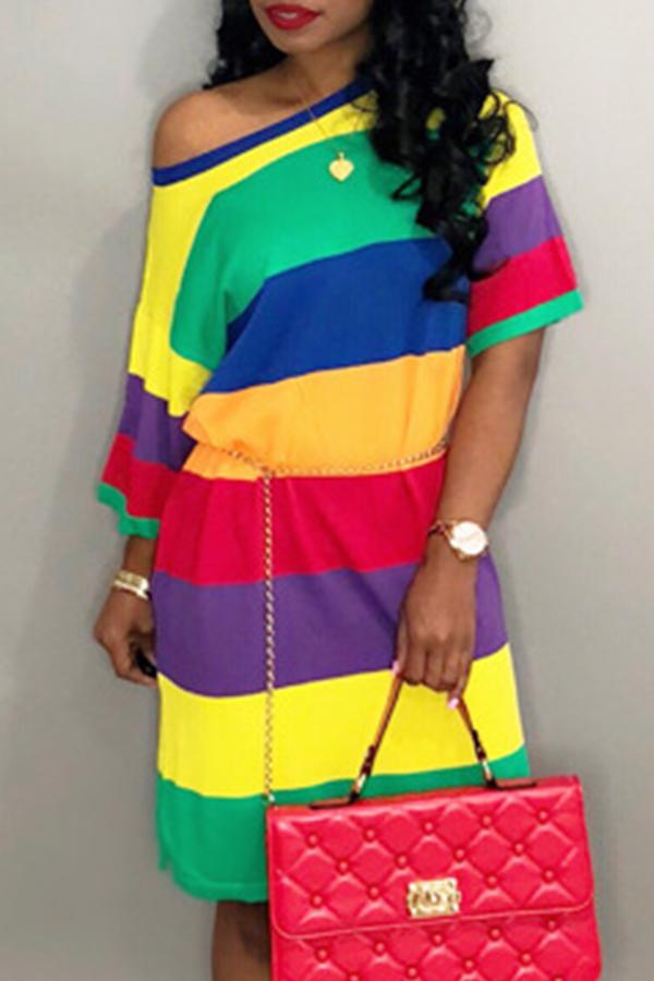 

Lovely Casual Rainbow Striped Multicolor Knee Length T-shirt Dress, Multicolor stripe