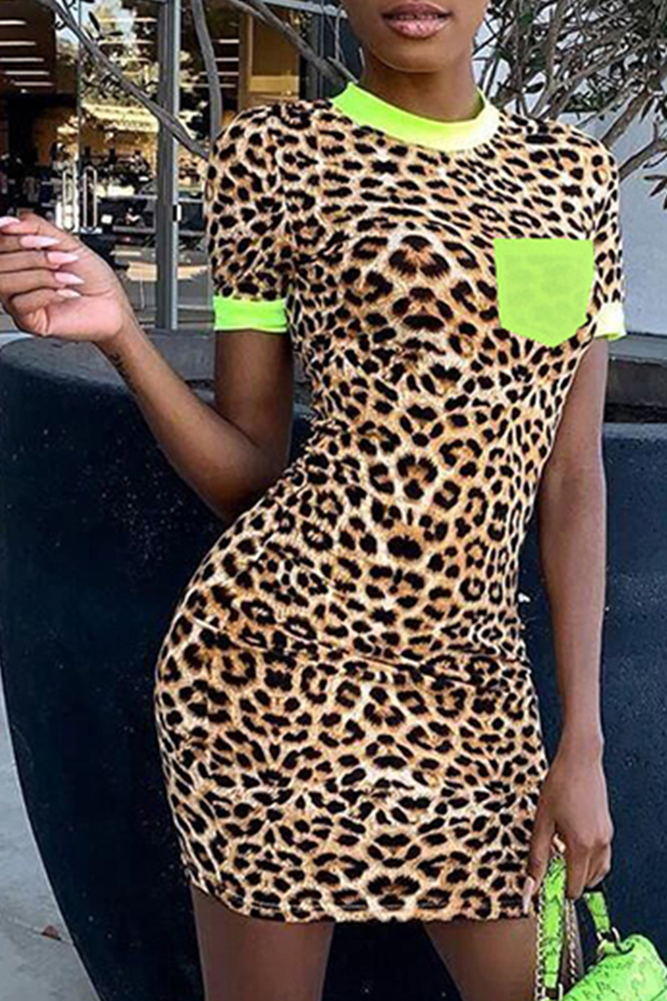 

Lovely Trendy Leopard Print Green Knee Length T-shirt Dress