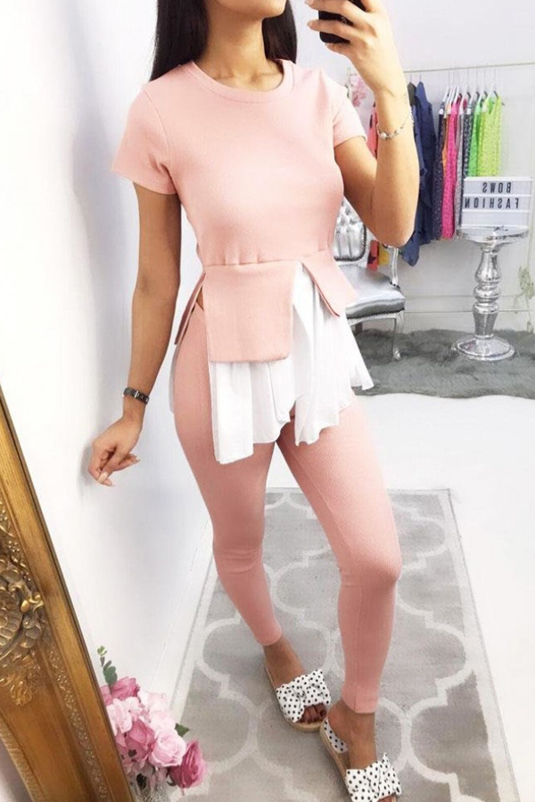 

Lovely Casual Patchwork Pink Loungewear