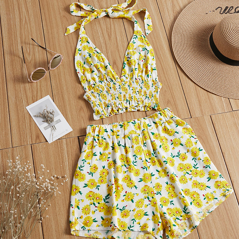 

Lovely Bohemian Floral Print Yellow Two-piece Shorts Set