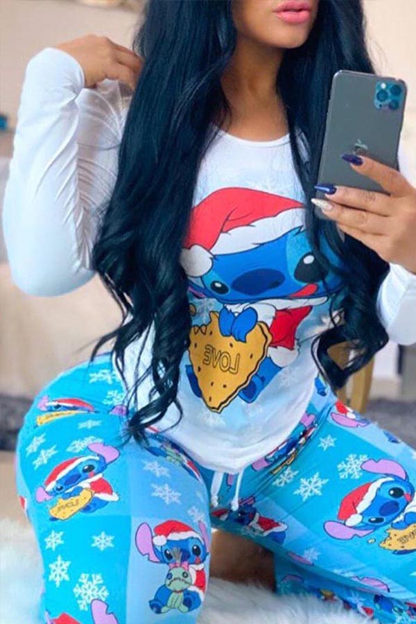 

Lovely Casual O Neck Cartoon Print Baby Blue Two-piece Pants Set