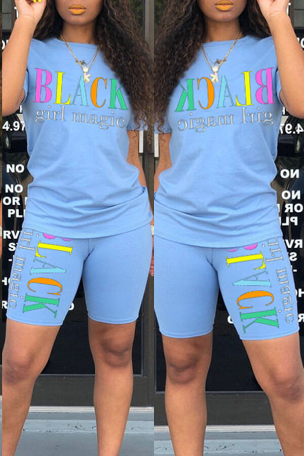 

Lovely Leisure Letter Print Baby Blue Two-piece Shorts Set