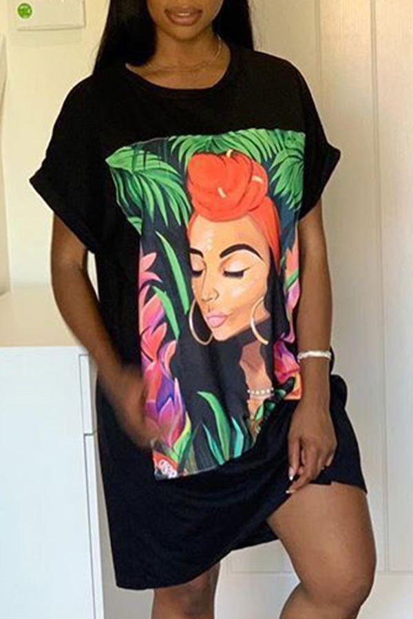 

Lovely Casual O Neck Print Black Knee Length T-shirt Dress
