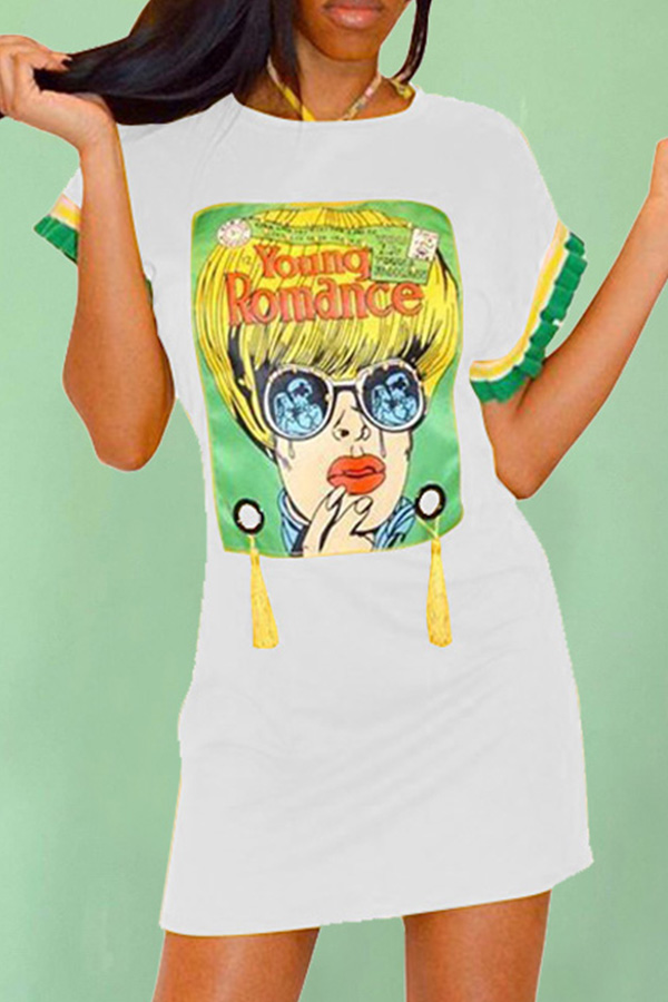 

Lovely Casual O Neck Cartoon Print White Mini T-shirt Dress
