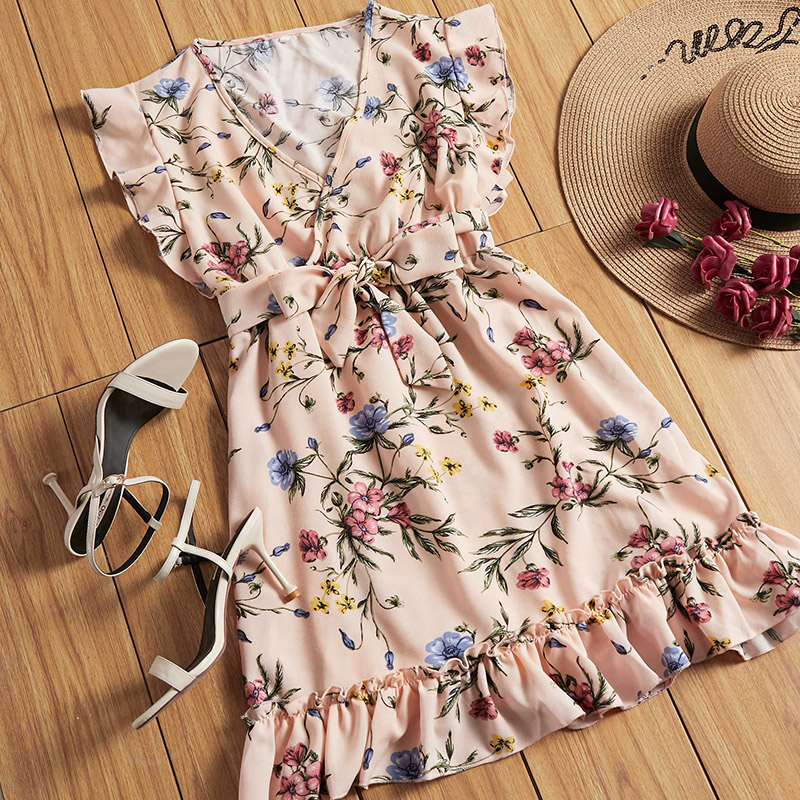 

Lovely Bohemian Flounce Design Print Pink Knee Length Dress