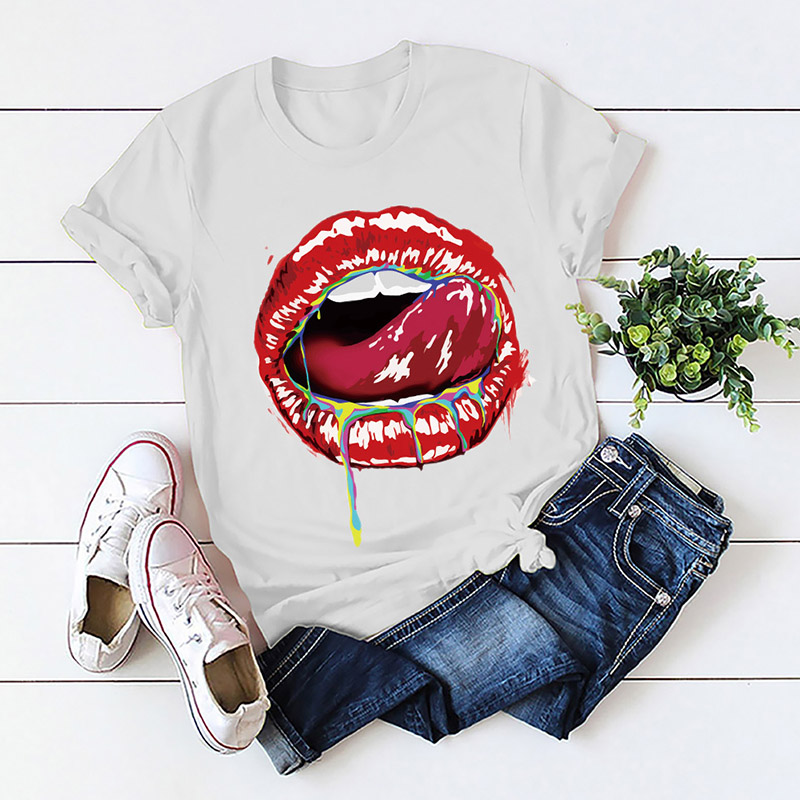 

Lovely Casual O Neck Lip Print White T-shirt