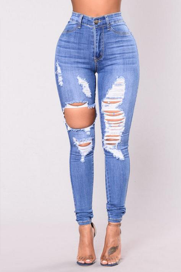 

Lovely Casual Broken Holes Baby Blue Jeans