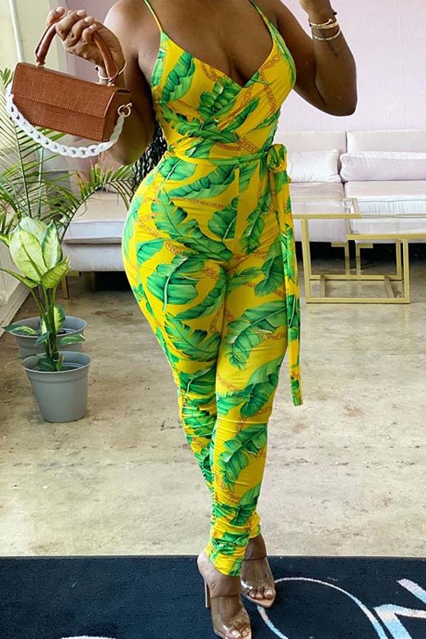 

Lovely Bohemian Plants Print Yellow One-piece Jumpsuit