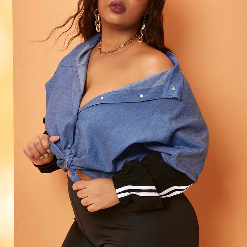 

Lovely Casual Patchwork Blue Plus Size Blouse