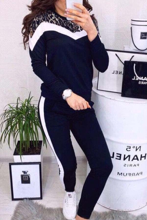 

Lovely Casual Patchwork Deep Blue Loungewear