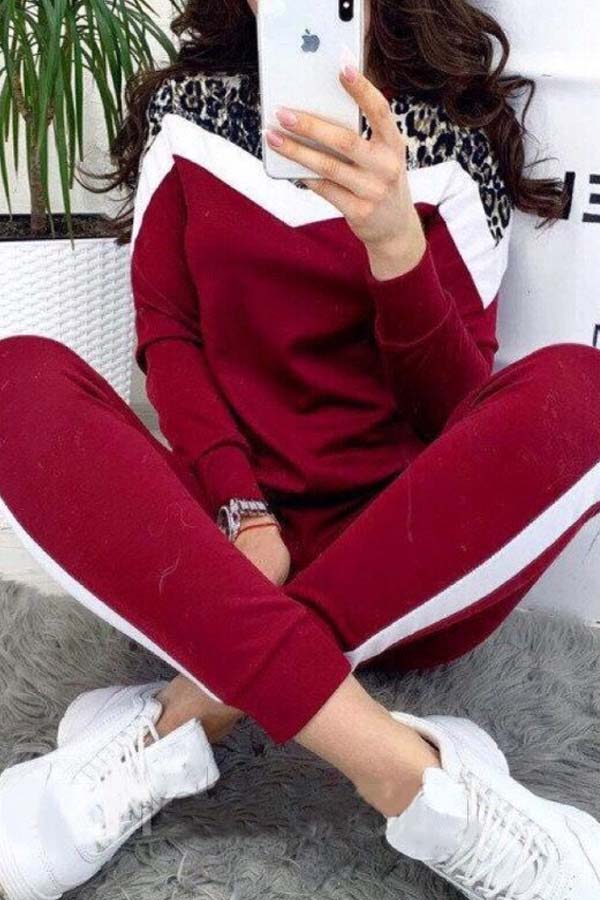 

Lovely Casual Patchwork Red Loungewear