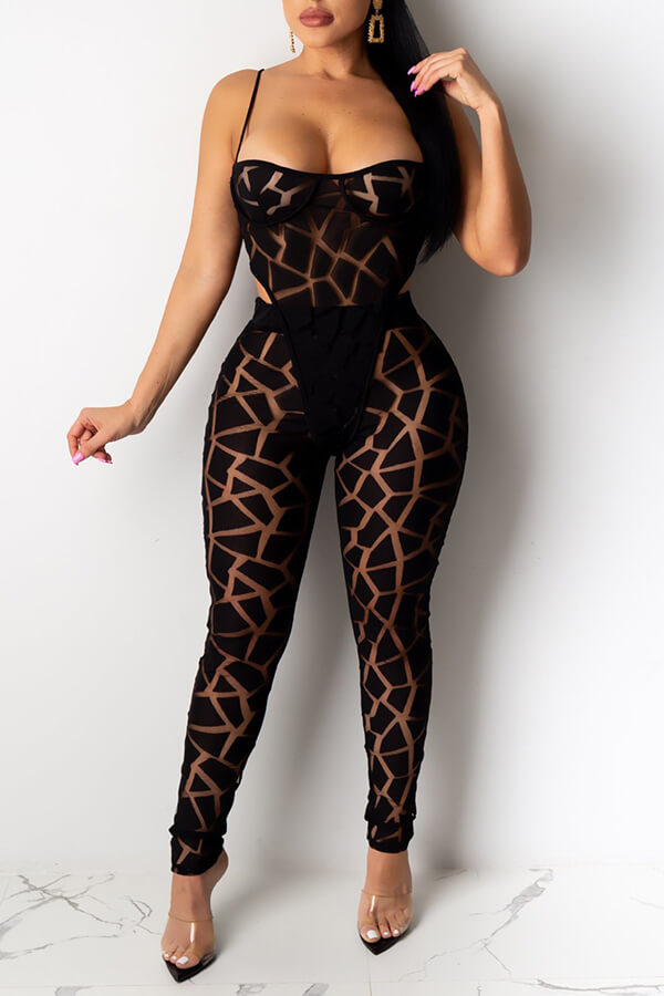 

Lovely Sexy Print Black Two-piece Pants Set