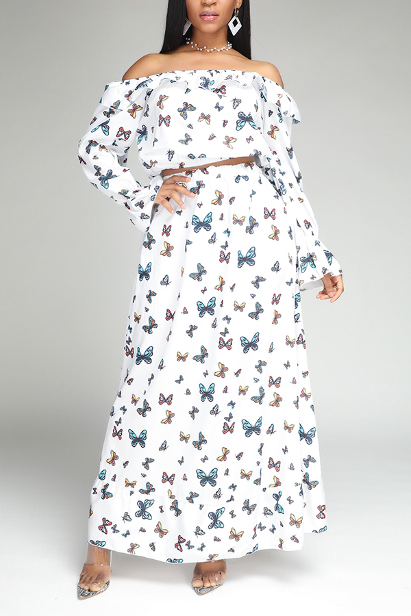 Lovely Bohemian Butterfly Print White Two-piece Skirt Set