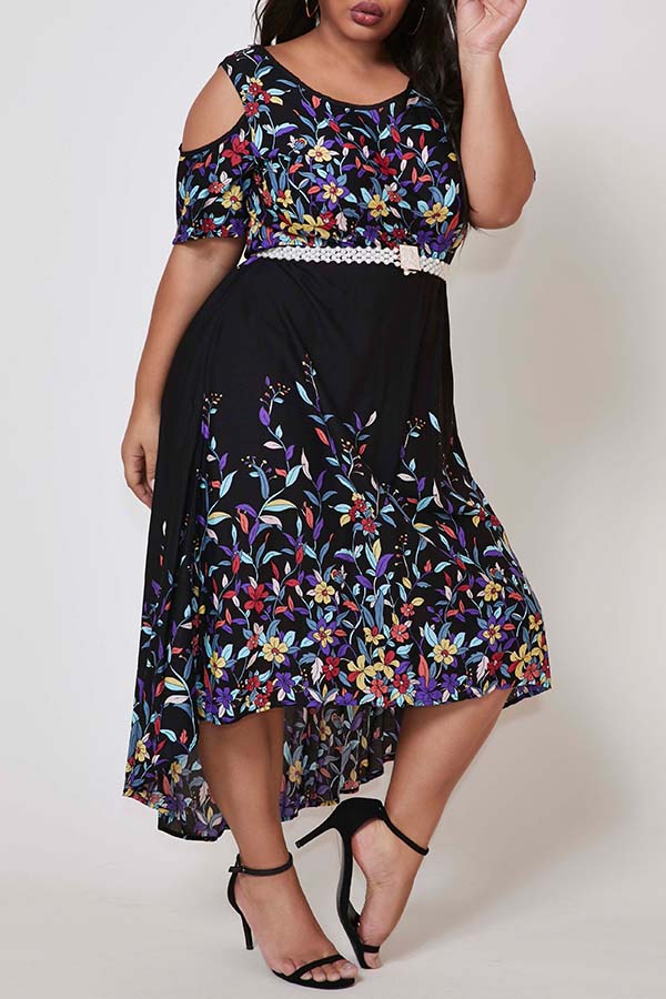 

Lovely Trendy Hollow-out Print Black Ankle Length Plus Size Dress