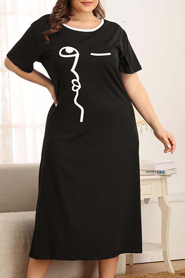 

Lovely Casual O Neck Print Black Mid Calf Plus Size Dress