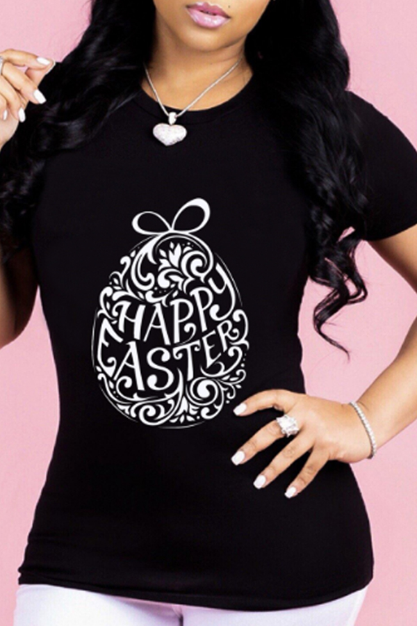 

Lovely Casual O Neck Print Black T-shirt