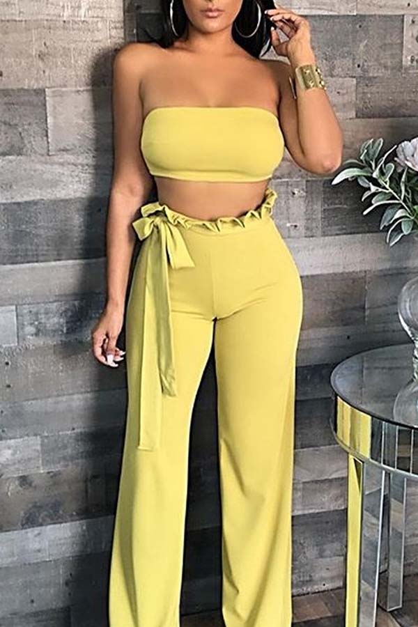 

Lovely Trendy Dew Shoulder Flounce Design Yellow Two-piece Pants Set