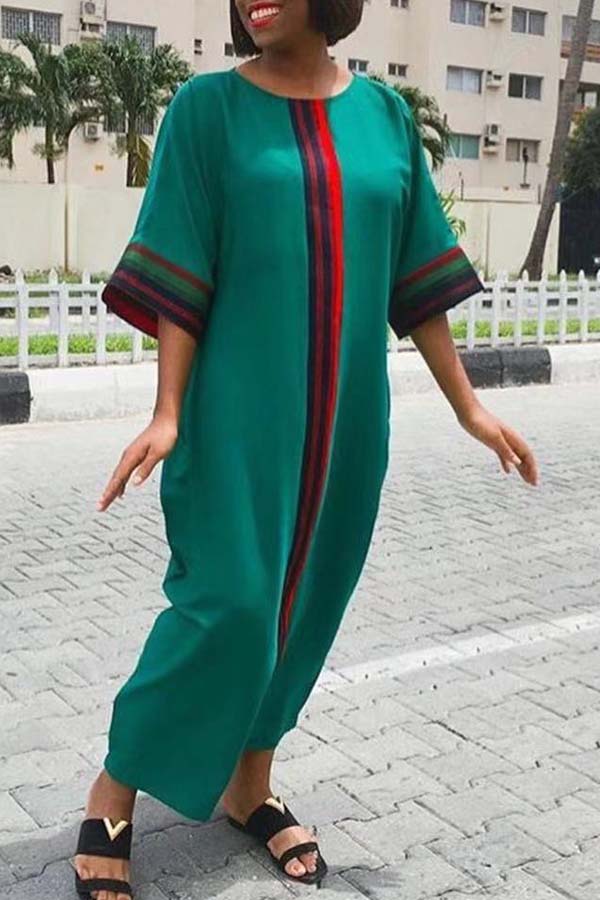 

Lovely Casual Patchwork Green Ankle Length Plus Size Dress