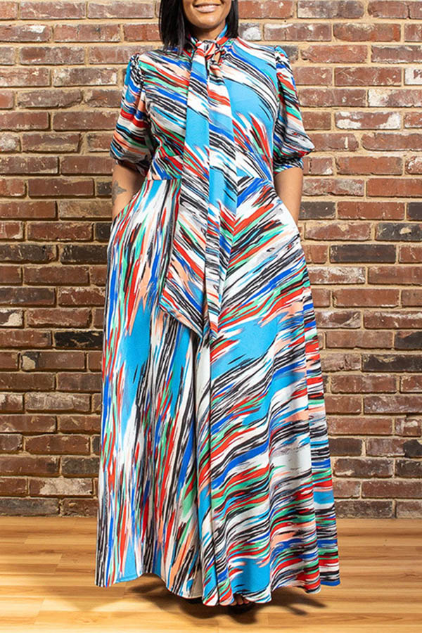

Lovely Casual Print Blue Maxi Plus Size Dress