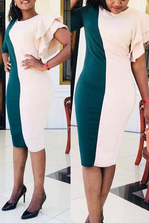 

Lovely Casual Patchwork Green Knee Length Plus Size Dress