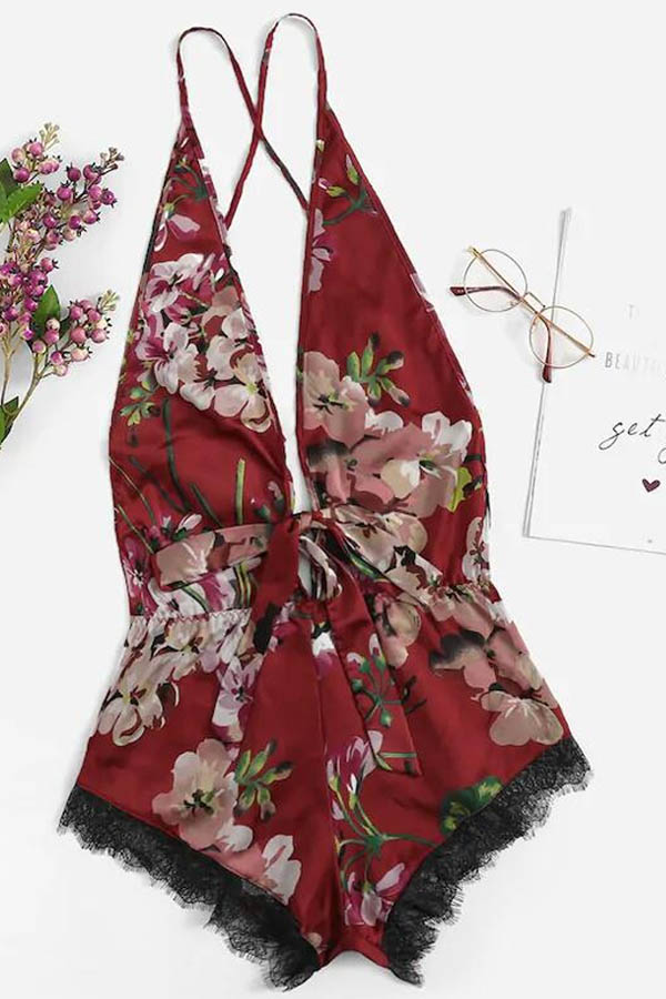 

Lovely Sexy Lace Hem Wine Red Sleepwear