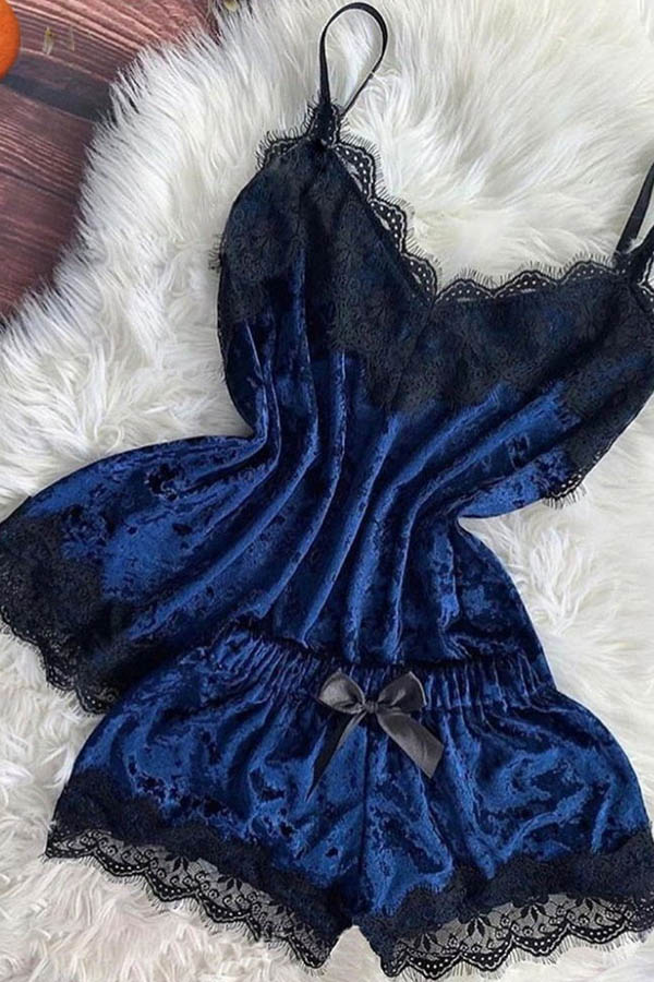 

Lovely Sexy Lace Hem Navy Blue Sleepwear