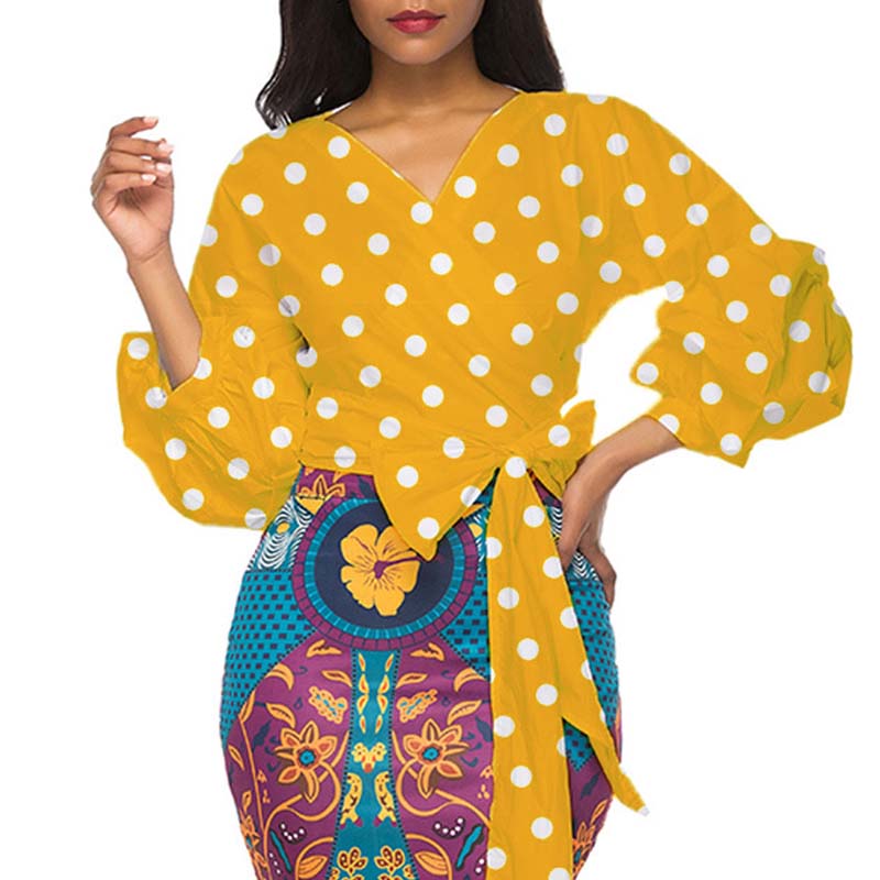 

Lovely Sweet V Neck Dot Print Yellow Blouse