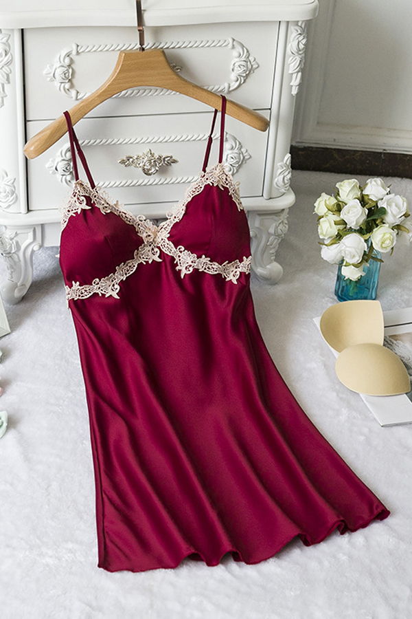 

Lovely Sexy Lace Hem Wine Red Sleepwear
