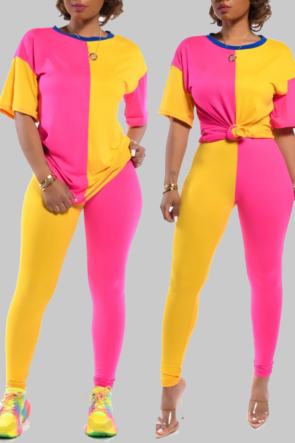 

Lovely Casual Patchwork Yellow Two-piece Pants Set