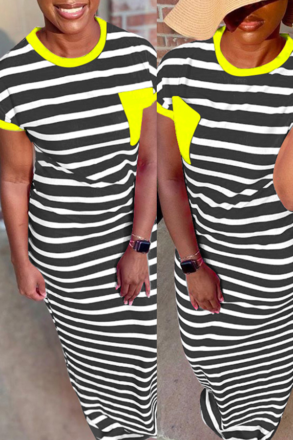 

Lovely Leisure O Neck Striped Yellow Maxi T-shirt Dress
