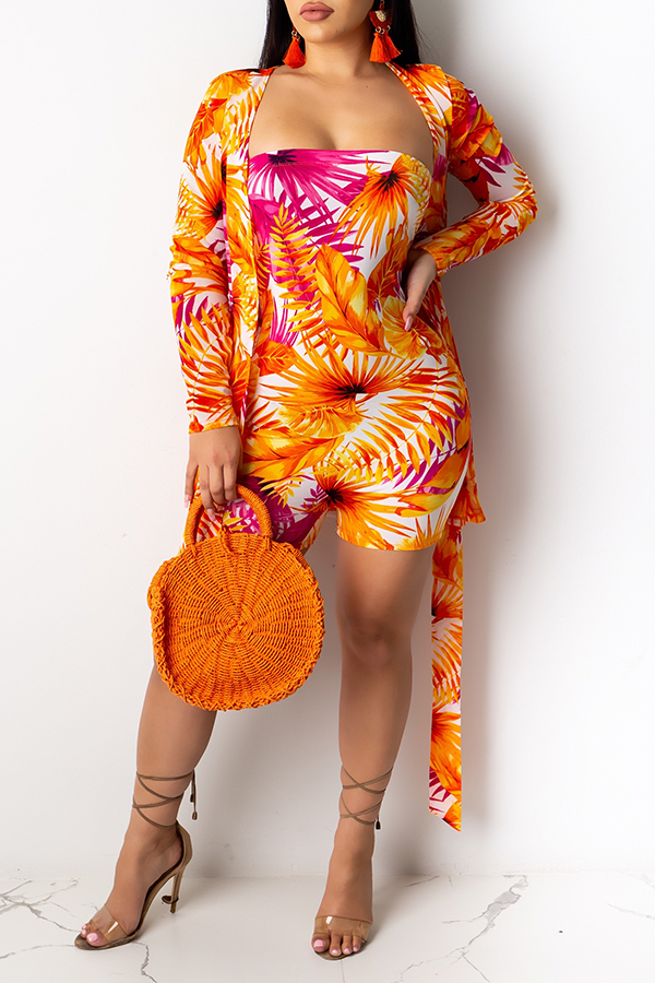 

Lovely Bohemian Print Orange Two-piece Shorts Set