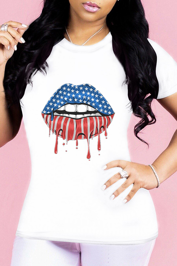 

Lovely Leisure O Neck Lip Print White T-shirt